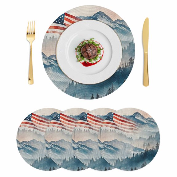American Flag Round Placemats Set of 4 4th of July Forest Independence Day Place Mats Indoor Woven Table Mats Washable Heat-Resistance Braided Dining Table Placemats for Kitchen Party Decor 13 Inch