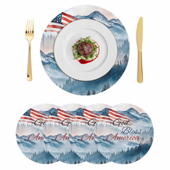 American Flag Round Placemats Set of 4 4th of July Independence Day Forest Place Mats Indoor Woven Table Mats Washable Heat-Resistance Braided Dining Table Placemats for Kitchen Party Decor 13 Inch