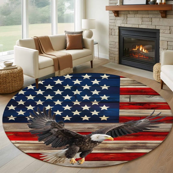 American Flag Round Rug 5ft Washable Circle Kitchen Rugs Non Slip Eagle Blue Red USA Flag Retro Large Area Rug Indoor Floor Carpet for Bedroom Living Room Home Office Dining Room Nursery
