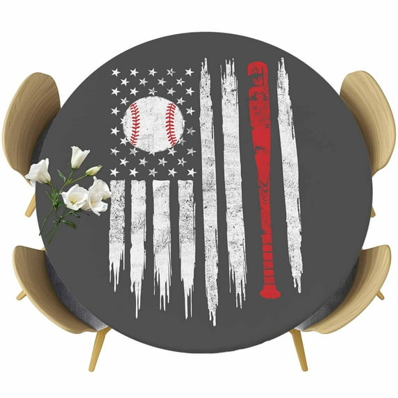 American Flag Round Tablecloth, Fitted Table Cover with Elastic for 36"-44" Round Tables, Retro US Flag Baseball Stars Gray Table Cloth Outdoor Indoor Dinning Party Waterproof Tablecloths