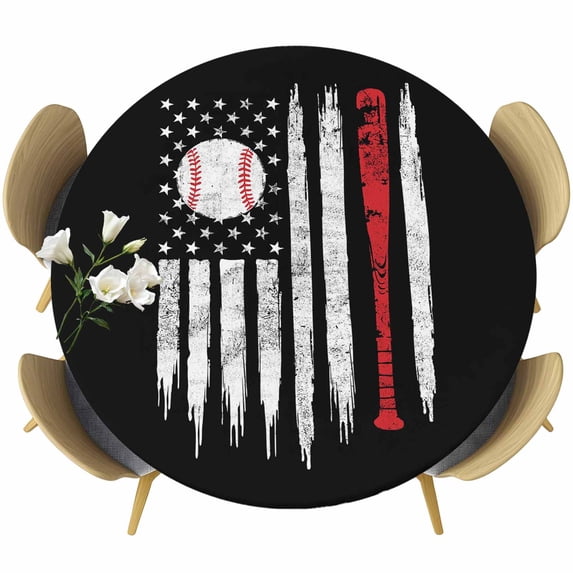 American Flag Round Tablecloth, Fitted Table Cover with Elastic for 36"-44" Round Tables, US Flag Baseball Stars Vintage Black Table Cloth Outdoor Indoor Dinning Party Waterproof Tablecloths