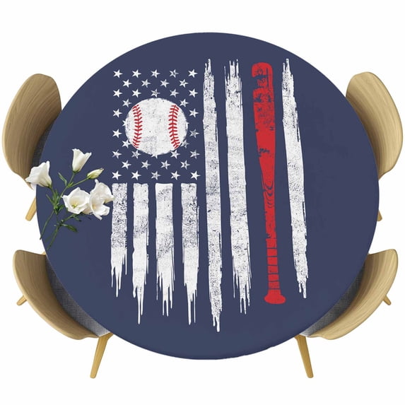 American Flag Round Tablecloth, Fitted Table Cover with Elastic for 45"-54" Round Tables, US Flag Baseball Stars Navy Blue Table Cloth Outdoor Indoor Dinning Party Waterproof Tablecloths