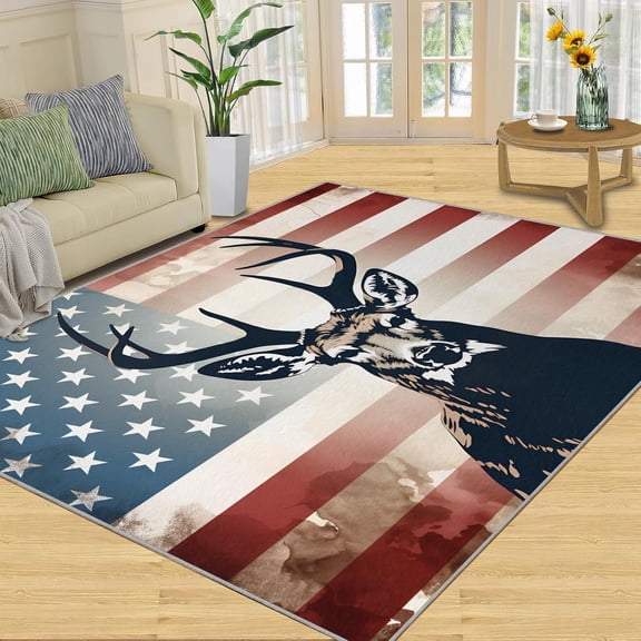 American Flag Rug, Deer Head Area Rug - Non-Slip Washable Rugs for Living Room, American Culture Indoor Carpet for Classroom - Memorial Day Decor 2x3ft
