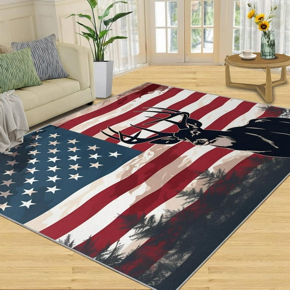 American Flag Rug, Deer Head Area Rug - Non-Slip Washable Rugs for Living Room, Forest Outdoor Carpet for Patio - Memorial Day Decor 5x7ft