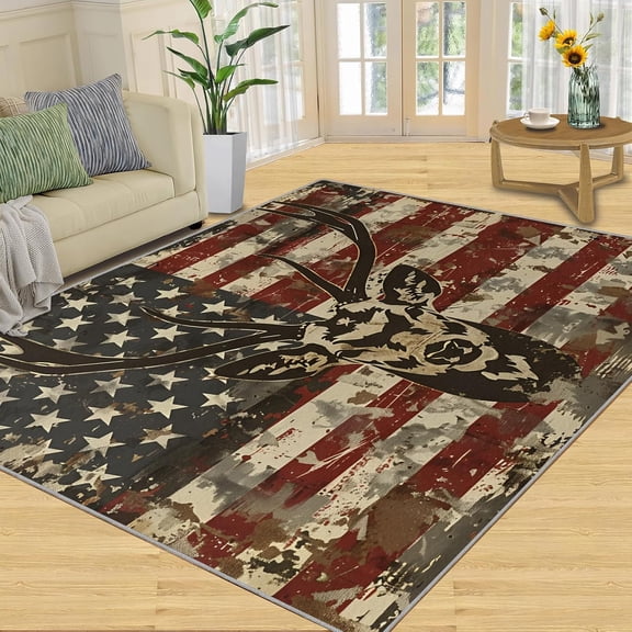 American Flag Rug - Deer Rug, 3x4 Rug, Rustic Hunting Area Rug, Wildlife Non Slip Washable Rugs, 4th of July Carpet - Home Decor, Memorial Gifts for Veterans