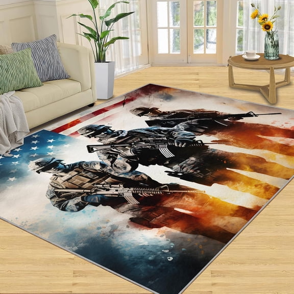 American Flag Rug, Image of a Army Design - Non-Slip Washable Rugs for Living Room, Patriotic Soldier Indoor Carpet for Study Room - Memorial Day Decor 2x3ft