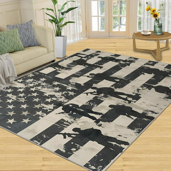 American Flag Rug, Military Silhouette Area Rug - Non-Slip Washable Rugs for Bedroom, Old Style Indoor Carpet for Apartment - Memorial Day Decor 2x3ft