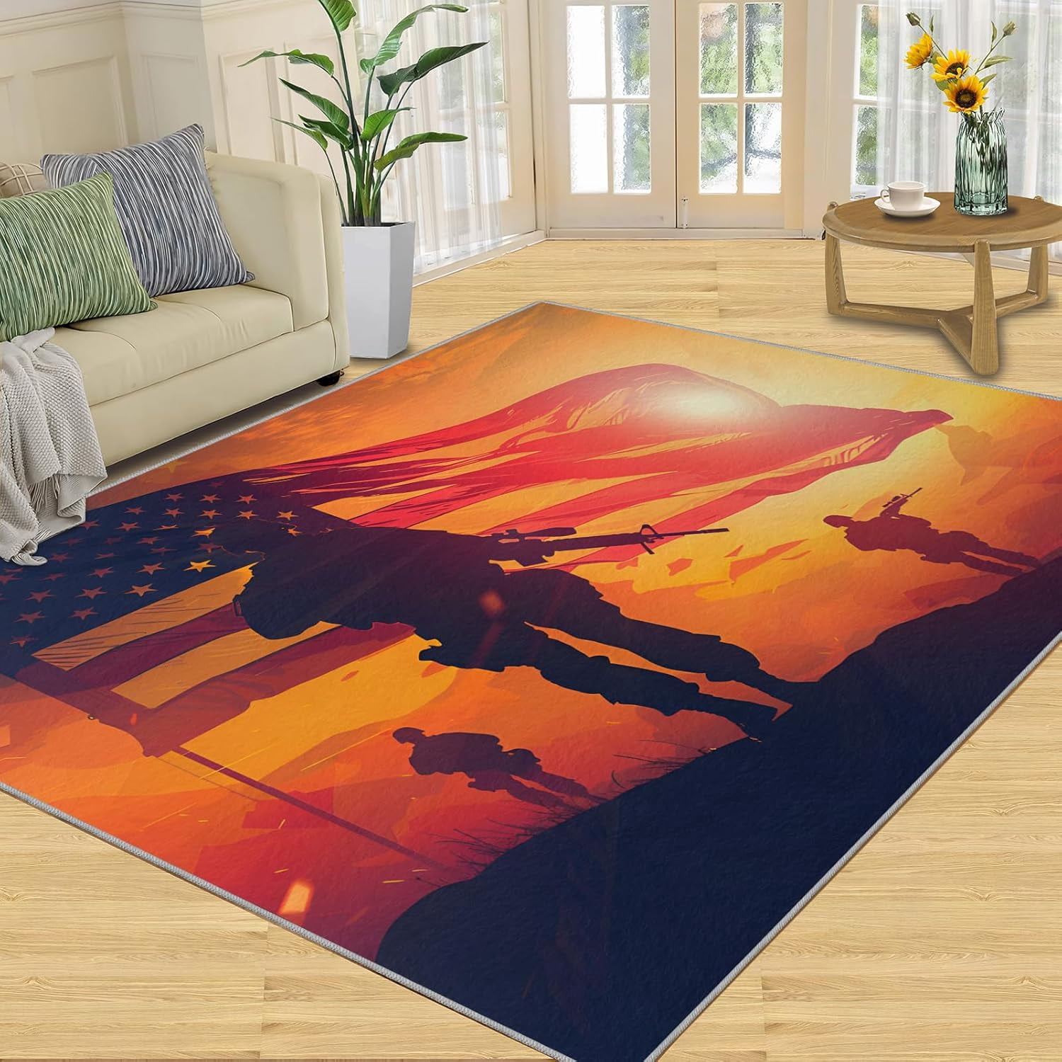Vfw Rugs American Flag Rug, Soldier Silhouette Area Rug - Non-Slip Washable Rugs ...