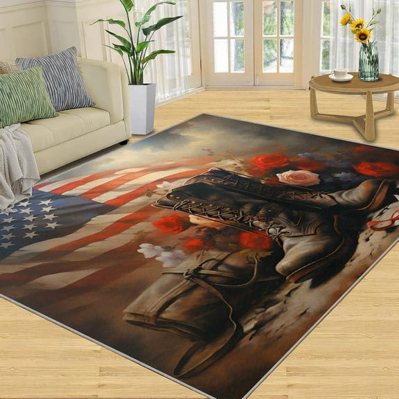 American Flag Rug, Tribute Theme Area Rug - Non-Slip Washable Rugs for Bedroom, Military Boots Indoor Carpet for Dining Room - Military Decor 2x3ft