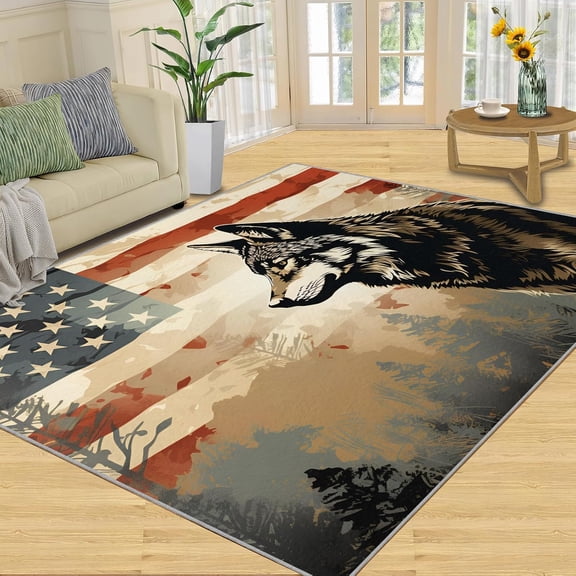 American Flag Rug, Wolf Area Rug - Non-Slip Washable Rugs for Bedroom, Stripes and Stars Outdoor Carpet for Patio - Animals Decor 2x3ft