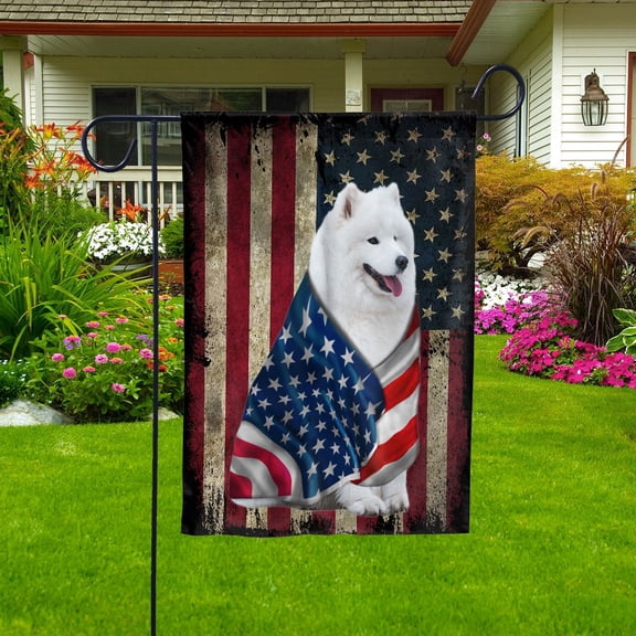 American Flag with Samoyed Dog stand under the cross Patriot Patriotic 4th of july House Flag, Double-Sided Decorative Outdoor Flag, Patriotic Polyester Yard Flag 29.5 x 39.5 in