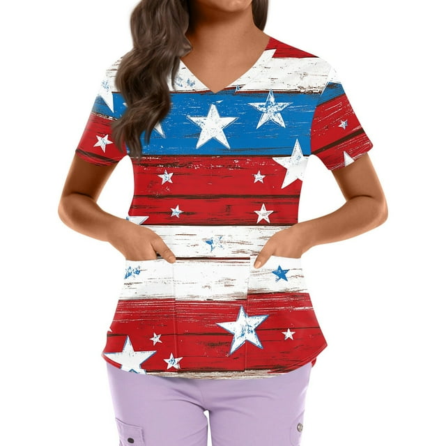 American Flag Scrub Tops Short Sleeve V Neck Working Uniform with Pockets Patriotic Medical Scrubs for Women Royal Blue 2XL