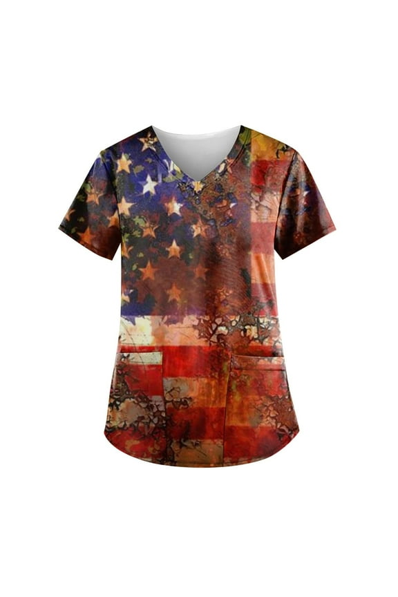 American Flag Scrubs Womens Summer Tops Star Stripes Graphic Tees V Neck Holiday Nursing Pocketed Working Uniforms for Independence Day