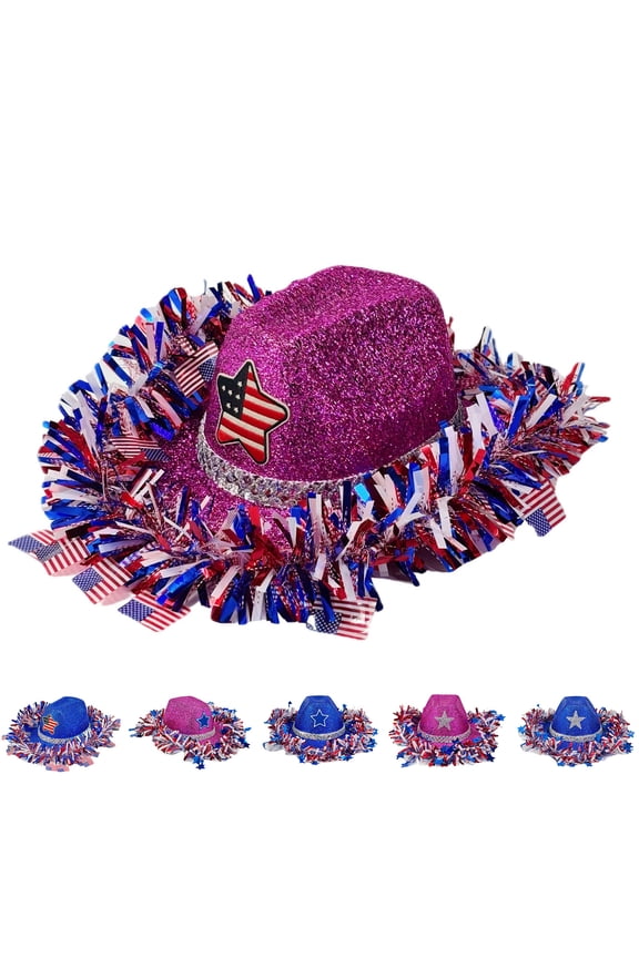 American Flag Sequin Cowboy Hat Patriotic Sparkly Red White Blue Tinsels Independence Day Hat Party Accessory Blue One Size