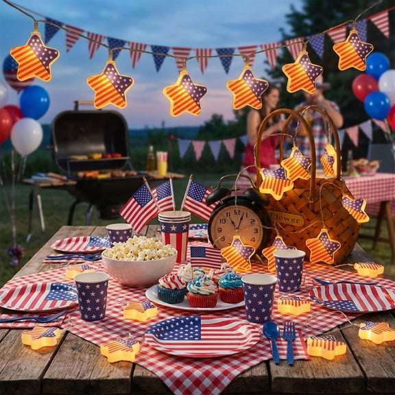 American Flag Shaped LED String Lights Battery Operated Copper Wire Decorative Ambient Lighting for Independence Day Outdoor Patriotic Decor