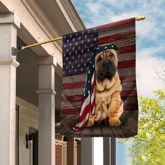 American Flag Shar Pei Dog Proud Patriotic 4th of july House Flag (29.5x39.5) Double Sided USA Flags Premium Polyester Decorative Indoor Outdoor Flag