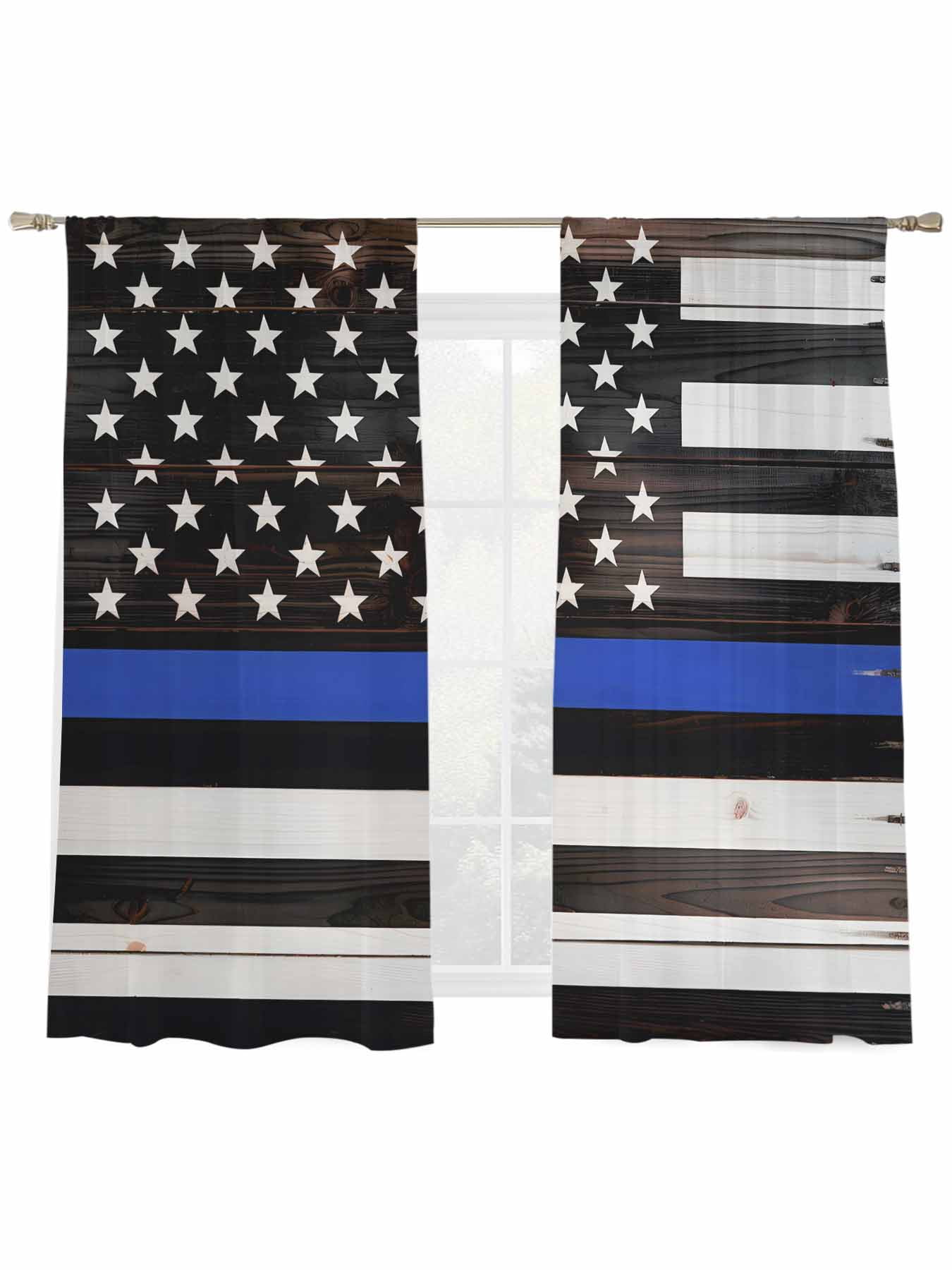 American Flag Sheer Curtains 2 Panels Set Blue Line Star Black White ...