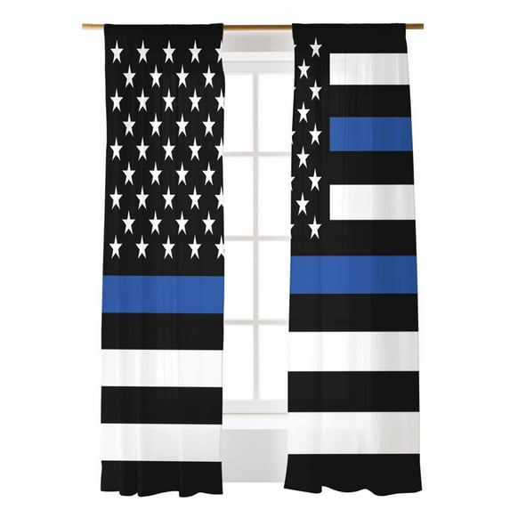 American Flag Sheer Curtains 2 Panels Set Retro USA Flag Blue Line Black White Striped Lihgt Filtering Rod Pocket Voile Drape, Semi Sheer Window Curtains for Bedroom Living Room, 52"x96"