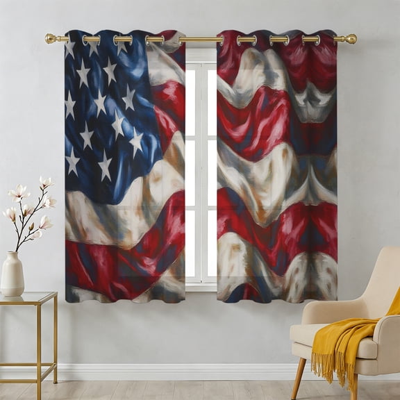 American Flag Sheer Curtains 39 Inch Long 2 Panels, Independence Day Stars Stripes Ripples Light Filtering Semi Sheer Drapes Grommet Voile Window Curtain for Living Bedroom W27.9 x L39