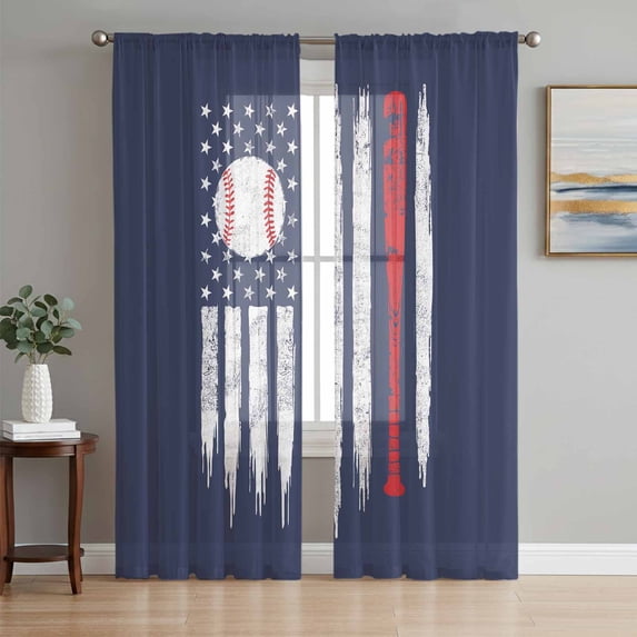 American Flag Sheer Curtains 72 Inch Length 2 Panels for Living Room, US Flag Baseball Stars Navy Blue Voile Kitchen Curtain Set, Luxury Privacy Drapes Window Treatment for Bedroom