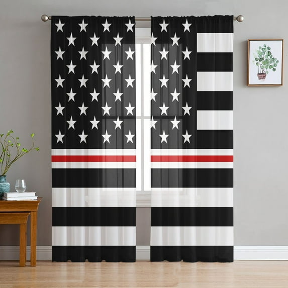 American Flag Sheer Curtains 84 Inches Long 2 Panels Set, Window Sheer Curtains for Living Room/Bedroom, Black White Striped Star with Red Lines Light Filtering Rod Pocket Curtain 52'' x 84'' x 2
