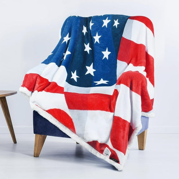American Flag Sherpa Throw Blanket Polar Fleece, Super Cozy Warm TV Blankets for Bed or Couch Reversible 50" x 60"