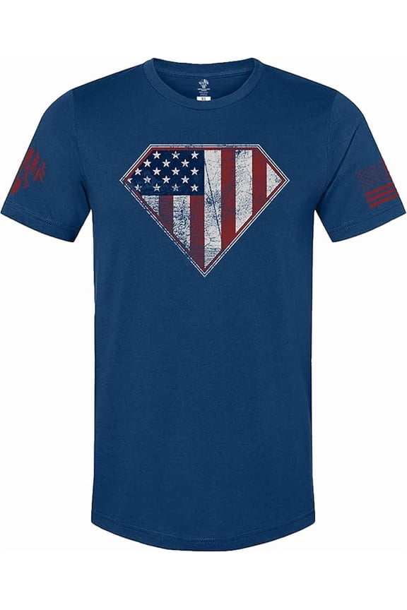 American Flag Shield T-Shirt Navy Blue, Cotton Blend, Screen Printed in The USA, Regular Fit, Large