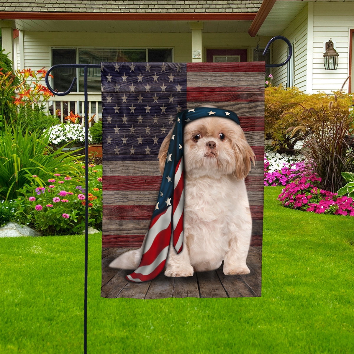 Bandiera Giardino Shih Tzu Con Bandiera Americana Decorazione Da Esterno