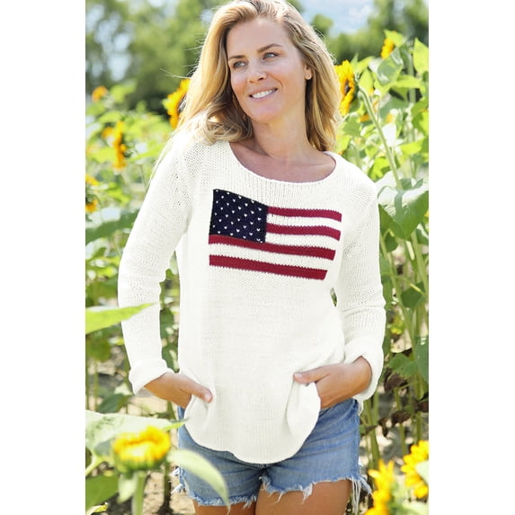 American Flag Shirt For Women 4th for July Long Sleeve Casual Crew Neck Loose Knite Sweater White L