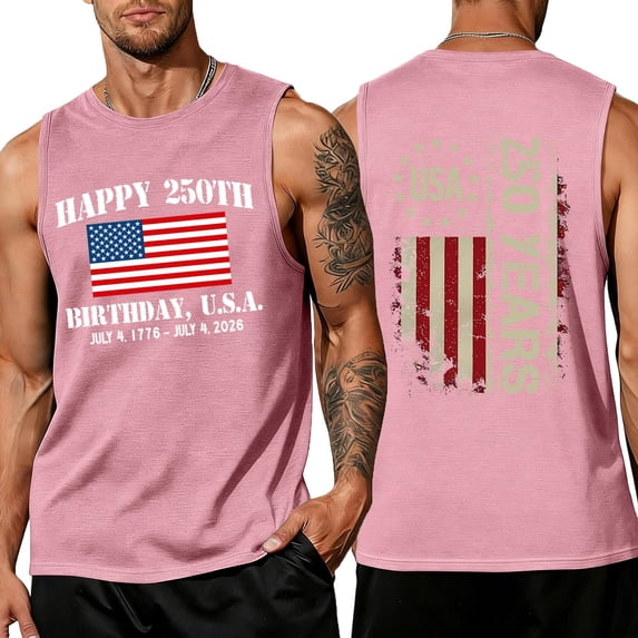 American Flag Shirt for Men 4th Of July Usa Muscle Sleeveless Shirts 1776-2026 250th Anniversary Independence Day Patriotic T Shirts We the People Crew-Neck Tops,Pink L