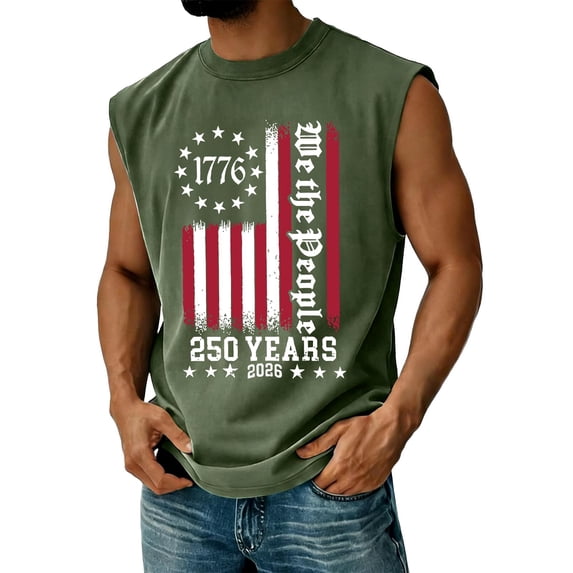 American Flag Shirt for Men 4th Of July Usa Muscle Sleeveless Tank Top 250 Anniversary Independence Day Patriotic T Shirts We the People Crew-Neck Tops,Green 3XL