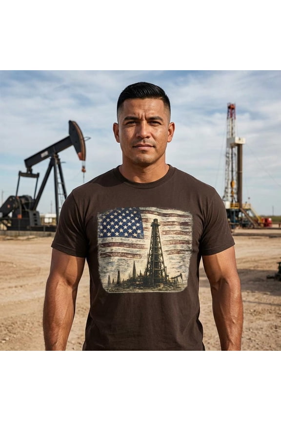 American Flag Shirt, Oil Rig Graphic Tee, Patriotic Industrial T-Shirt