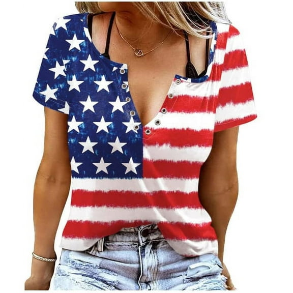 American Flag Shirt Tops Womens 4th of July T-Shirts Ring Hole Short Sleeve Sexy V-Neck Patriotic Tees