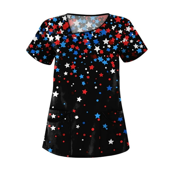 American Flag Shirt Women, 4Th Of July Scrub Tops Women Plus Size Skew Collar Short Sleeve Workwear With Pockets Red White And Royal Blue Top Shirts Womens Outfits Shirts (4XL, Navy) ZMTing