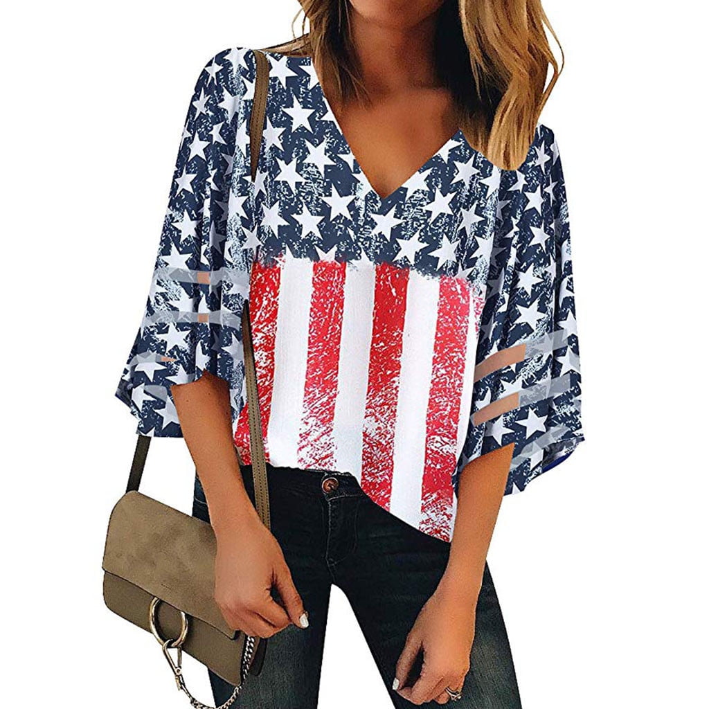 AOBUTE Women's July 4th Shirt – V-Neck Short Sleeve American Flag Top For Summer & Patriotic Events - View #11