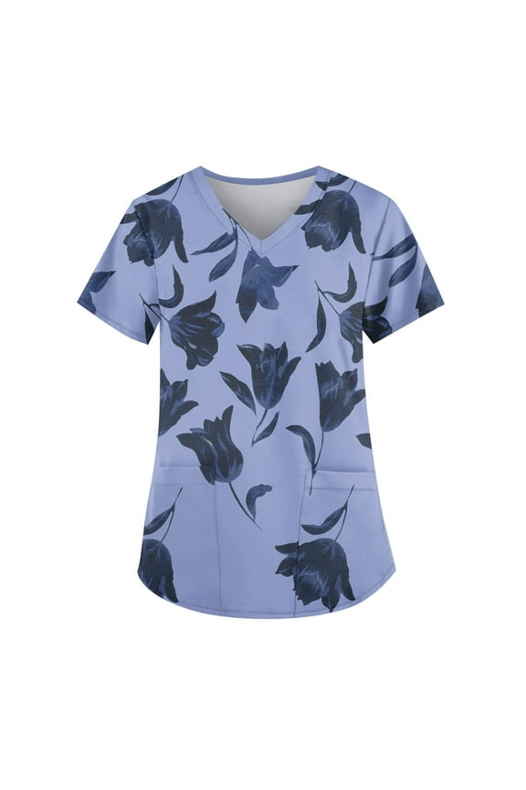 American Flag Shirt Women, Plus Size Printed Scrub Working Uniform Tops V Neck Short Sleeve Tshirts Workwear Tee With Pockets 4Th Of July Tank Tops For Women Scrubs Shirt (XXL, Blue) ZMTing