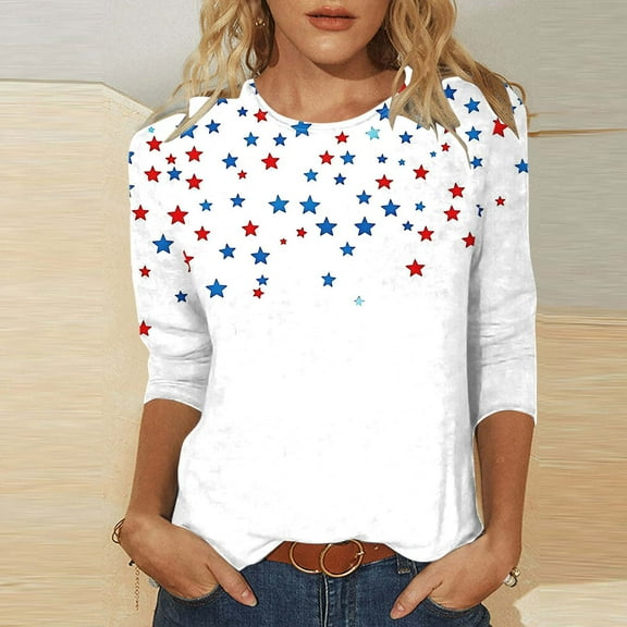 American Flag Shirt for Women Red White and Blue Womens Shirt Fourth of July T Shirts Women Patriotic Top for Women Patriotic Womens Tee 3/4 Sleeves Blouse Round Neck Casual