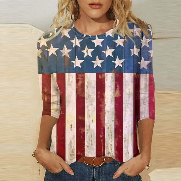 American Flag Shirt for Women Red White and Blue Womens Shirt Fourth of July T Shirts Women Patriotic Top for Women Patriotic Womens Tee 3/4 Sleeves Blouse Round Neck Casual
