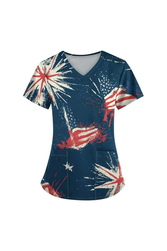 American Flag Shirt Women, Scrubs For Tops 4Th Of July Plus Size V Neck Short Sleeve Workwear With Pockets Red White And Royal Blue Top Outfits Women Funny Scrubs Set Shirts (3XL, Navy) ZMTing