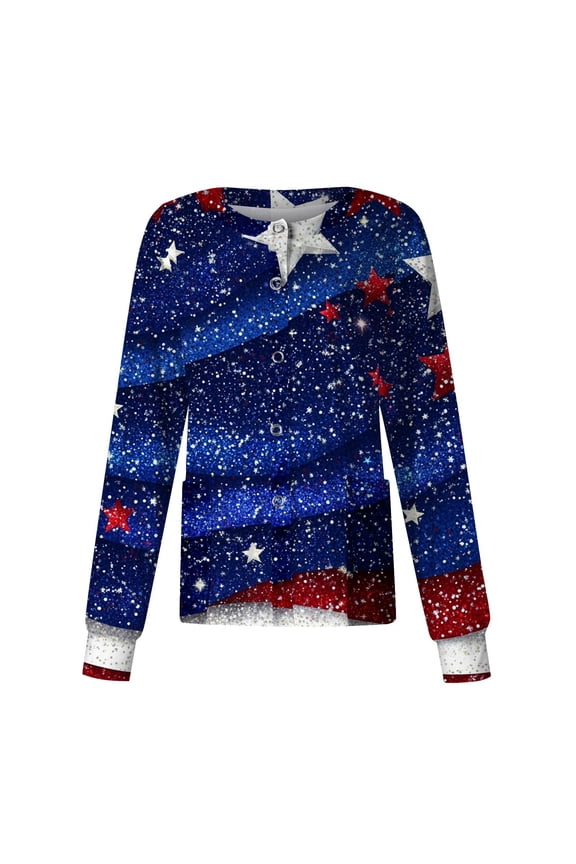 American Flag Shirt Women, Scrubs For Tops 4Th Of July Round Neck Long Sleeve Workwear With Pockets Red White And Royal Blue Lightweight Cardigan Crop Tops Scrubs Shirts (XXL, Navy) ZMTing