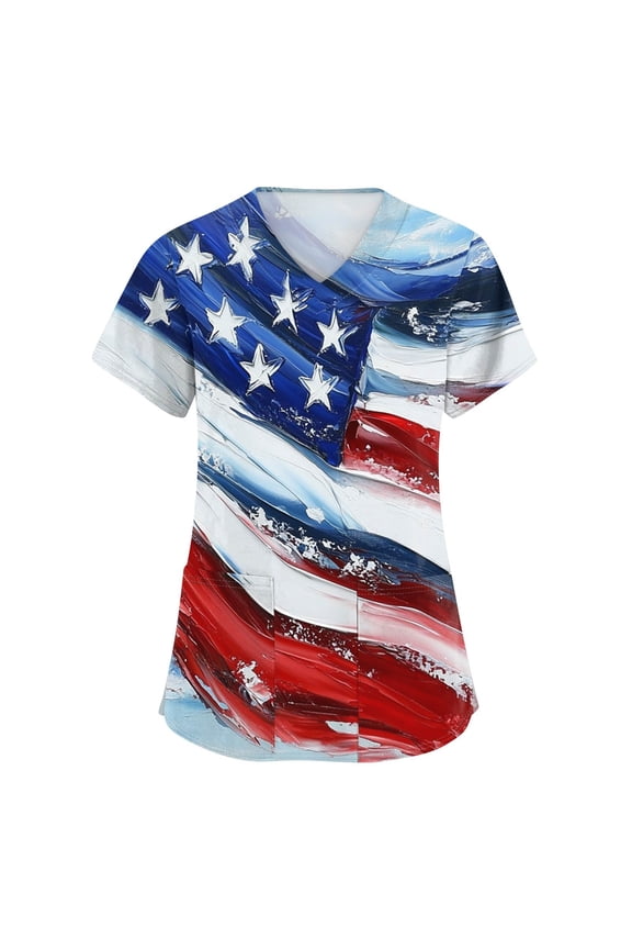 American Flag Shirt Women, Scrubs For Tops 4Th Of July V Neck Short Sleeve Workwear With Pockets Red White And Royal Blue Top Womens Summer Trendy Navy Scrubs Shirts Outfits (L, Deep Red) ZMTing