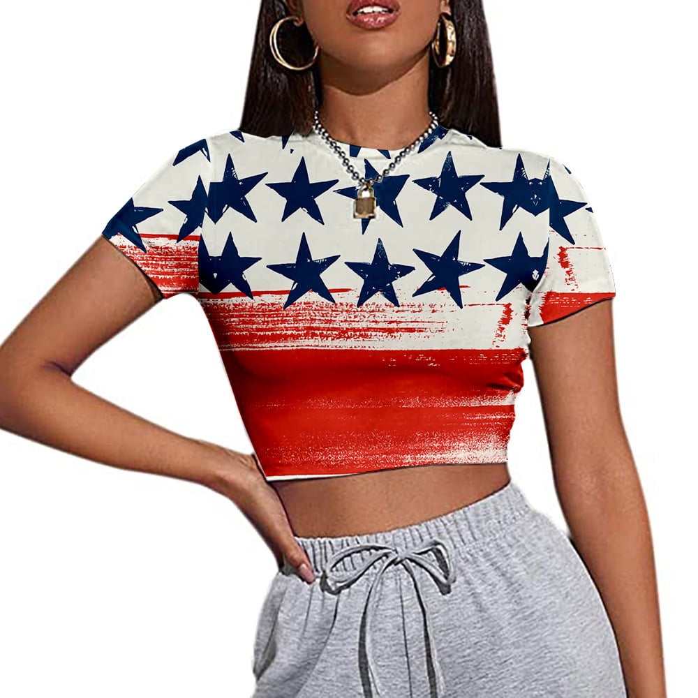 American Flag Shirt Women Short Sleeve Tops Crew Neck USA Flag Casual ...