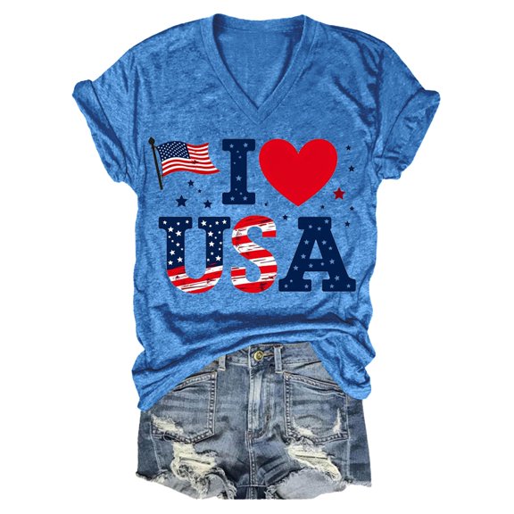 American Flag Shirt Women, Yigetop Women Casual Printing Short Sleeves V Neck Loose T Shirt Blouse Tops Usa Shirts for Women Blue 2XL