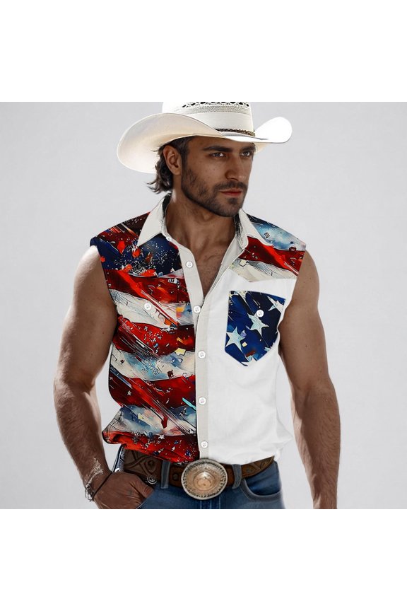 American Flag Shirt for Men Hawaiian American Flag Button Down Shirts Patriotic Sleeveless Shirt Men