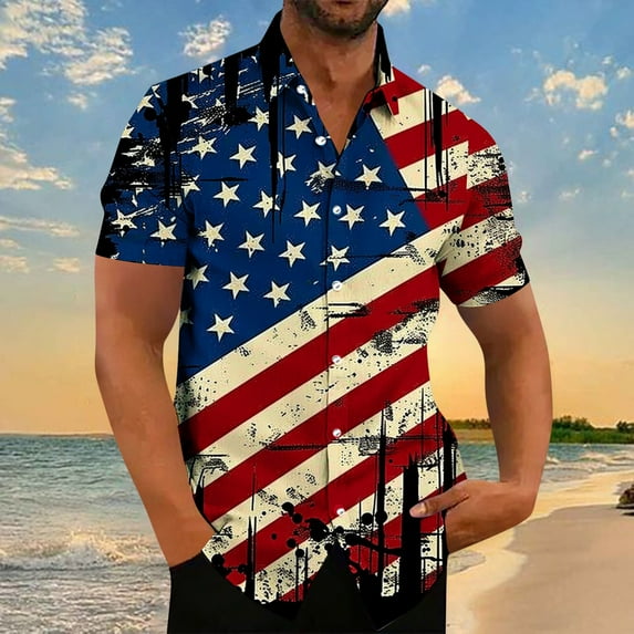 American Flag Shirts Mens Patriotic Shirt Men Red White and Blue Shirts Fourth of July Shirts Mens Fourth of July Shirts Men's Printing Button Casual Short Sleeve Turndown Collar Blouse Shirt