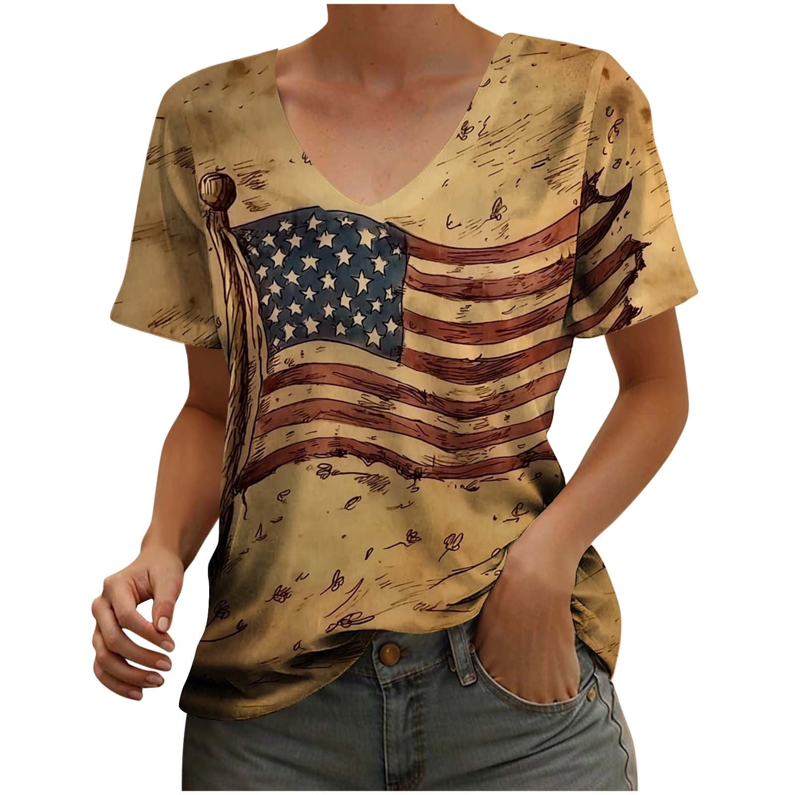 American Flag T-Shirt For Women - 4th Of July Patriotic Raglan Tee (Grey Sunflower, Small)