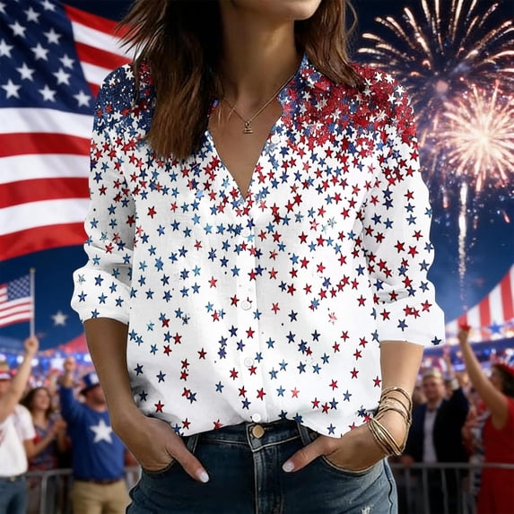 American Flag Shirts Women Graphic Tees Patriotic T-Shirts Long Sleeve Button Down Blouse Top USA Flag Star Stripe Tops Going Out Tops Casual Blouses 2026 Summer Beach Vacation Outfits