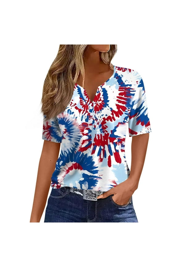 American Flag Shirts for Women, Patriotic 3/4 Sleeve Tops 2024 Summer 4th of July T Shirt Button Neck Patriotic Tunic Three Quarter Length Sleeve Tops Blouses