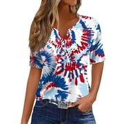 JULMCOMO American Flag Shirts for Women, Patriotic 3/4 Sleeve Tops 2024 Summer 4th of July T Shirt Button Neck Patriotic Tunic Three Quarter Length Sleeve Tops Blouses