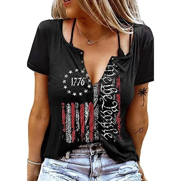 American Flag Shirts Women Patriotic Shirt 4th of July Tee Tops V-Neck Short Sleeve Summer T-Shirt Large